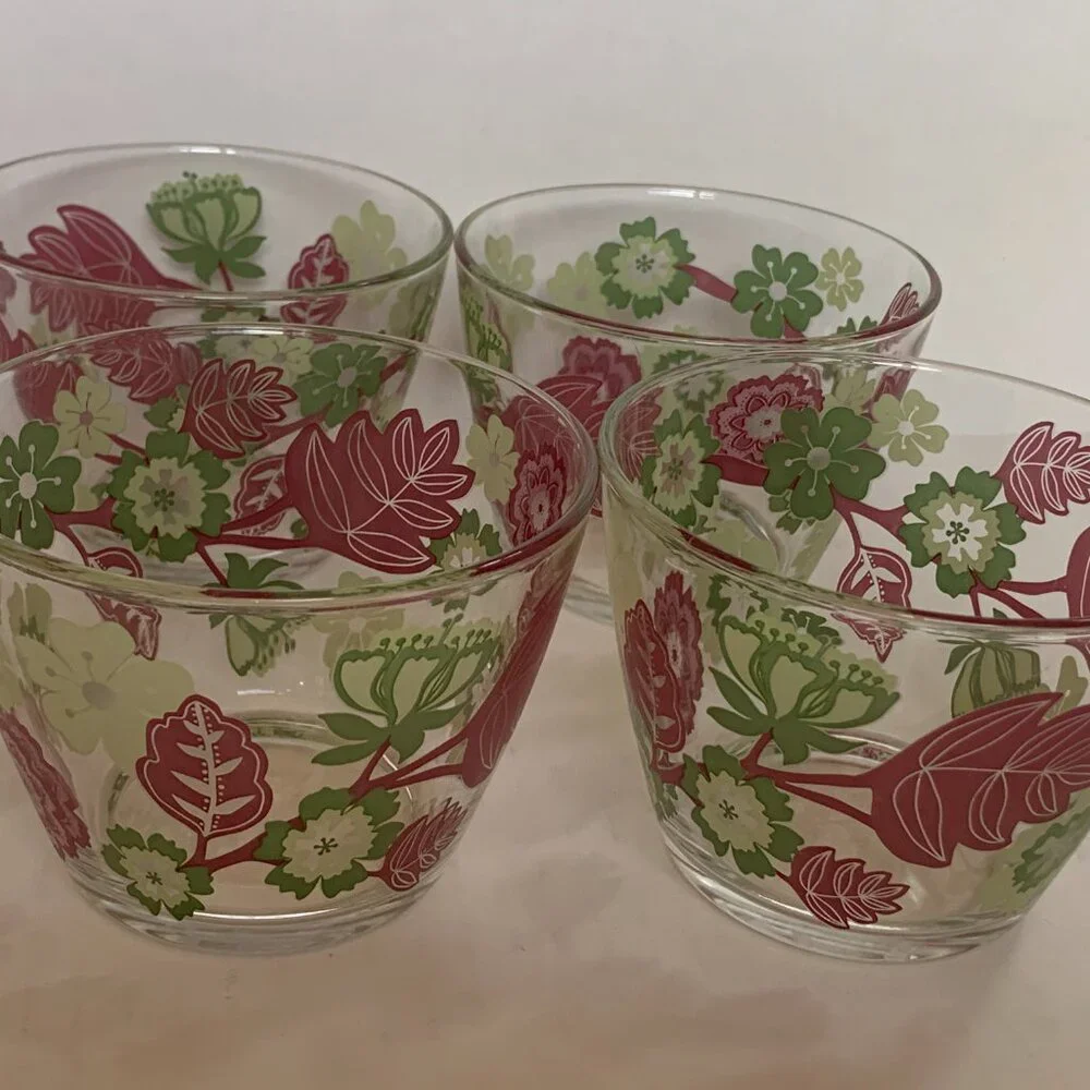 Ikea Ideell 14oz Glass Dessert Bowls Lot of 4 Pink Green Floral France Retired